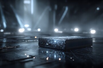 A sleek, futuristic AI server rests in a dimly lit environment with glowing neural network overlays, symbolizing machine intelligence and data flow.
