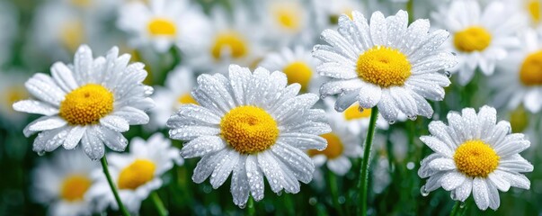 Fototapeta premium Field filled with white daisy blooms in landscape concept. A vibrant close-up of fresh daisies adorned with dewdrops.