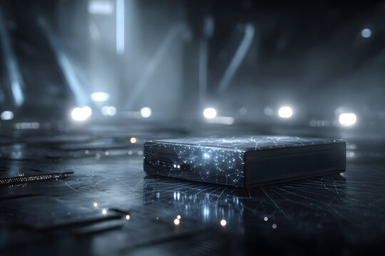 A sleek, futuristic AI server rests in a dimly lit environment with glowing neural network overlays, symbolizing machine intelligence and data flow.
