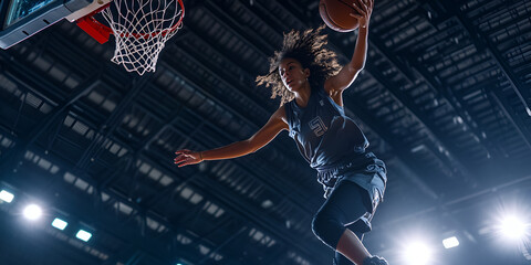 Naklejka premium Epic Basketball Dunk by Female Athlete, Powerful Slam Dunk in Arena, Woman Defying Gravity in Basketball
