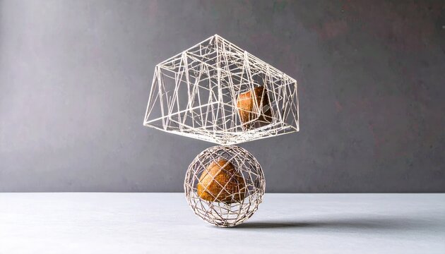 Wireframe Cube and Sphere on Matte Surface