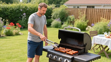 Man Grilling Sausages in a Sunny Garden During a Backyard Gathering
