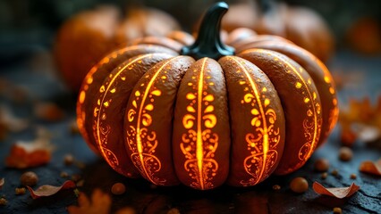 Intricate Pumpkin Design with Surreal Patterns and Glowing Highlights Inspired by Fantasy Art