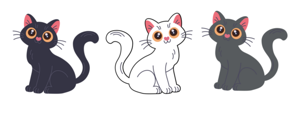 Three cartoon cats with large, expressive eyes and pink inner ears are depicted in a playful style