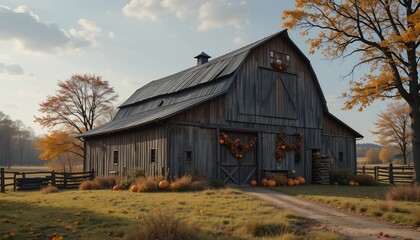 Fototapeta premium Rustic wooden barn decorated with pumpkins during autumn trees with yellow leaves grassy field and fence