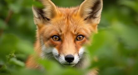 Fototapeta premium Photo of a closeup portrait of a red fox peering through lush green foliage, capturing the beauty and alertness of this wild animal in its natural habitat, showcasing its captivating eyes and fur