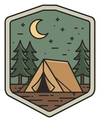 Nighttime camping scene illustrated as a vintage-style badge, featuring a tent nestled amongst pine trees under a crescent moon.