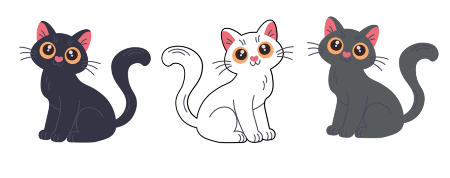 Three cartoon cats with large, expressive eyes and pink inner ears are depicted in a playful style