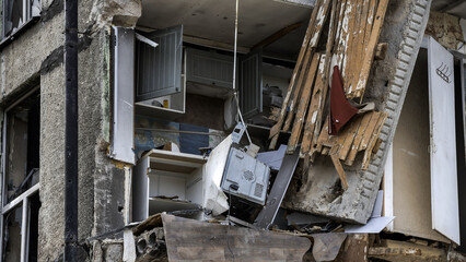 ruined street and destroyed houses the city Kiev war in Ukraine