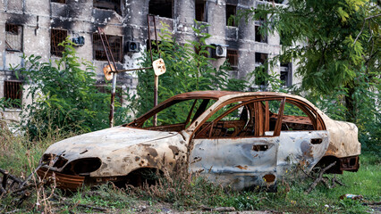 ruined street and destroyed houses the city Kiev war in Ukraine