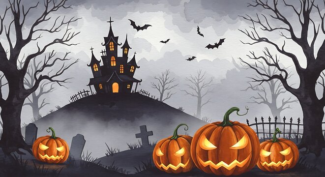 A spooky halloween scene featuring pumpkins, a haunted house, bats, and bare trees in a misty landscape