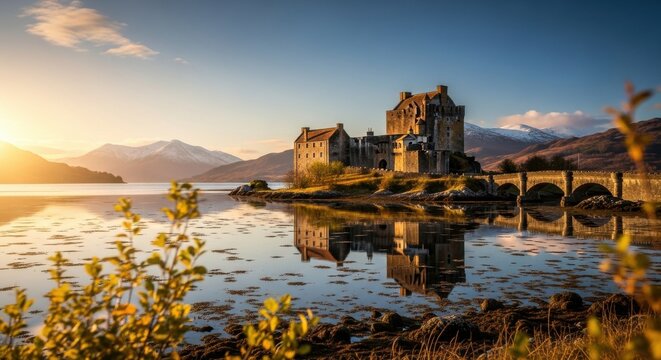 Photo of eilean donan castle in scotland at sunset, with the sun shining through the hills and reflecting in the loch, creating a beautiful and peaceful scene in the scottish highlands - Powered by Adobe