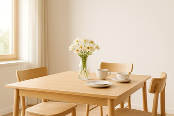 Minimalist Dining Table with Flowers and Tableware in Natural Light