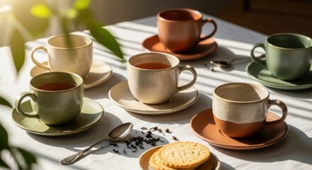 Fototapeta premium Photo of a sunlit table showcases an array of ceramic tea cups and saucers, arranged amidst scattered tea leaves and delectable biscuits, inviting a moment of serene indulgence and warmth