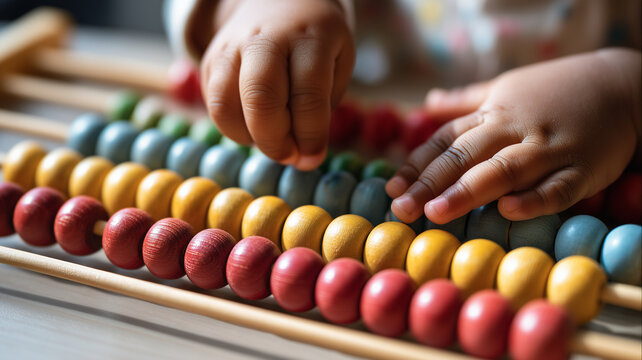 Małe dziecko po raz pierwszy używa liczydła – zbliżenie na dłonie przesuwające kolorowe koraliki