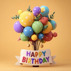 Festive balloon bouquet with happy birthday banner on a warm yellow background