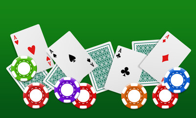 Chips and cards on a green background. Vector illustration.