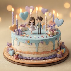 Romantic couple figurines on a decorated birthday cake with candles and hearts
