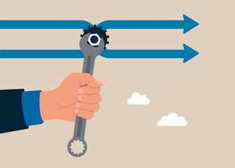 Hand holding with spanner in hand adjusts mechanism to change manage company transformation. Support and service. Flat vector illustration