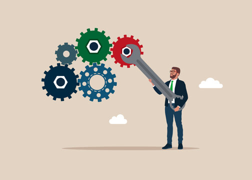 Businessman with spanner in hand adjusts mechanism. Optimizing cogwheels workflow system for best result. Support and service. Modern vector illustration in flat style.