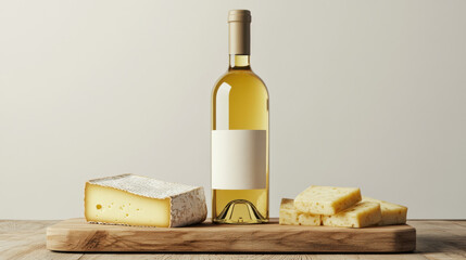 a bottle of white wine standing on a wooden board, cheese arranged beside it. a clean white background, 3d illustration.