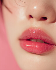 Naklejka premium Shiny pink gloss lips close‑up