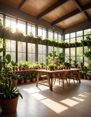 Sunlit conservatory with plants & wooden table