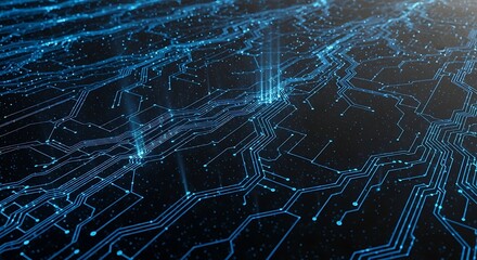 Abstract glowing blue circuit board lines and dots representing a digital network or data flow on a dark background, symbolizing technology and connectivity