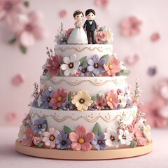 Beautiful tiered wedding cake with bride and groom topper and floral decorations
