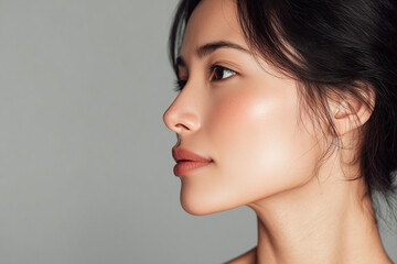 Naklejka premium Side profile portrait of woman with flawless skin over grey background, perfect moisturized glowing skin