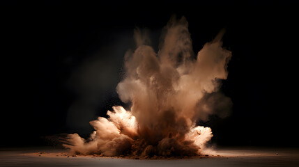 Dynamic brown powder suspended in mid-air against a deep black background, capturing movement.