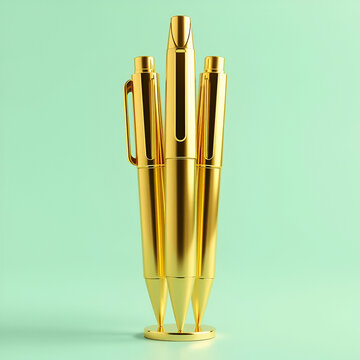 Gold pen standing out from chrome pens.3d rendering