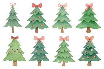 Fototapeta premium PNG Cute watercolor Christmas trees, element set on transparent background