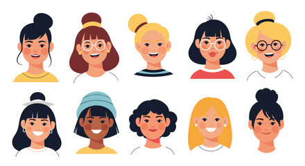 Diverse group of women faces showing different hairstyles emotions and ethnicities