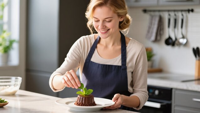 Smiling Woman Garnishes Chocolate Dessert With Mint in Modern Kitchen