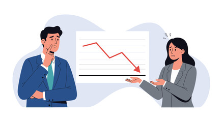 Business people discussing declining sales graph and financial downturn analysis