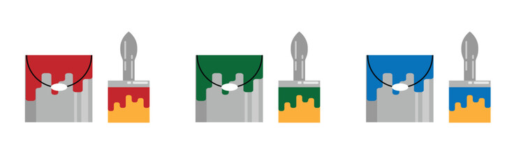 Bucket with Paint and Brush Flat Style Different Colors. Construction, apartment renovation and art painting vector idea