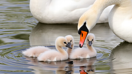 Mute swan babies staying close together under the watchful eye of their parents