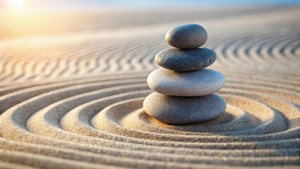 Photo of zen garden with stacked stones balanced on rippling sand dunes under a soft golden sunset light