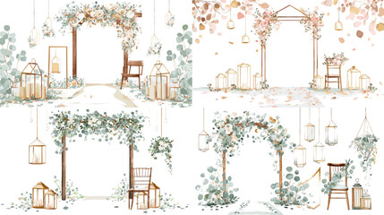 Romantic floral arch and lanterns illustration for weddings and garden ceremonies. Perfect for invitations, event design, and elegant celebration themes.