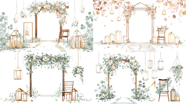 Romantic floral arch and lanterns illustration for weddings and garden ceremonies. Perfect for invitations, event design, and elegant celebration themes.