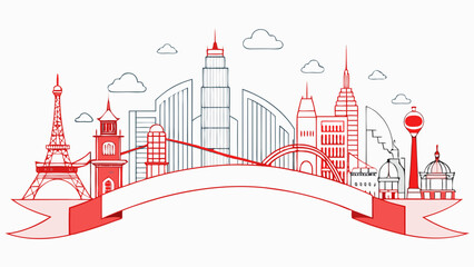 A cityscape with a red ribbon in the middle, spanning across the skyline. The ribbon is a vibrant red and white color, drawing attention to the city's architecture and landmarks