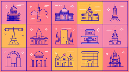 A series of buildings and landmarks are shown in a grid pattern. The buildings are drawn in a stylized way, with some having pointed tops and others having domes. Scene is one of exploration