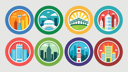 The image is a collection of city icons, each with a different color and design. The icons represent various cities around the world, including New York, London, and Tokyo. Scene is one of diversity