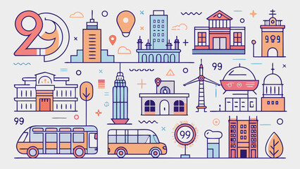 A colorful drawing of buildings and vehicles with the number 29 in the middle. The drawing is of a cityscape with a variety of buildings and vehicles, including a bus, a car, and a train