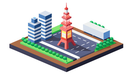 A cityscape with a tall red tower in the middle. The tower is surrounded by buildings and a road