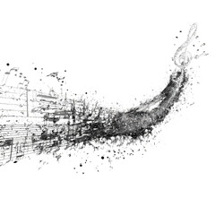 Abstract musical note graphic. A flowing, textured trail of gray and white particles forms a musical note, trailing off into the darkness