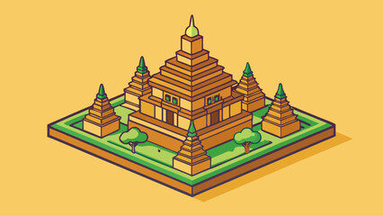 A drawing of a city with a large building in the center. The building has a green roof and is surrounded by trees. The drawing is in a square and has a yellow background