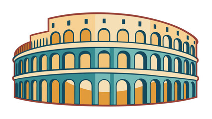A large building with arched windows and a blue and yellow color scheme. It is a Roman Colosseum