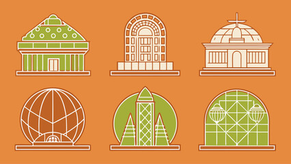 The image is a set of six buildings, each with a unique design. The buildings are arranged in a row, with the first one on the left and the last one on the right